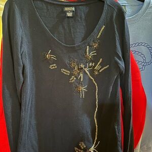 Lucky Brand Black Embellished Long Sleeve Top